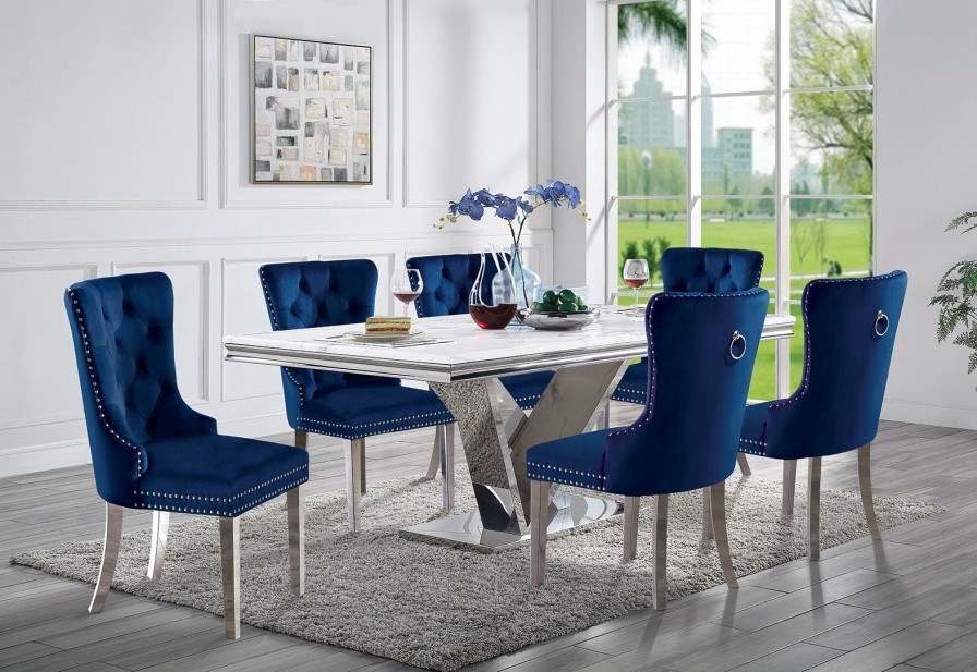 Dining Room FOA East | Valdevers 7 Pc. Dining Table Set, Navy Chairs