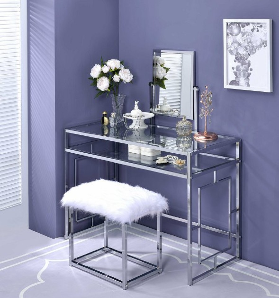 Bedroom ACME | Carenze Ii White Faux Fur & Chrome Vanity Set