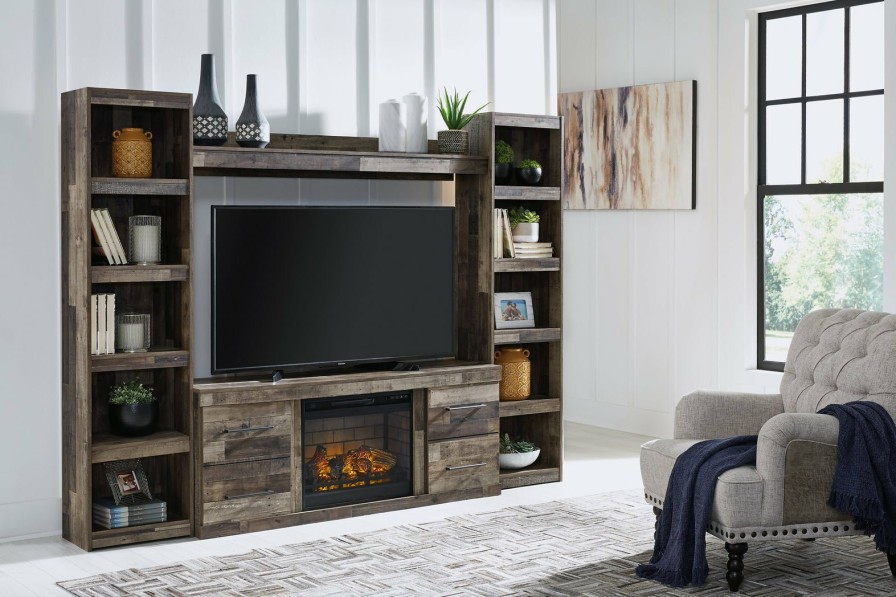 Entertainment Ashley Furniture | Derekson 4-Piece Entertainment Center With Electric Fireplace