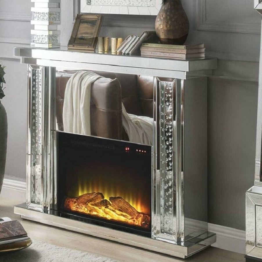 Entertainment ACME | Acme Furniture Nysa Fireplace In Mirrored & Faux Crystals 90254