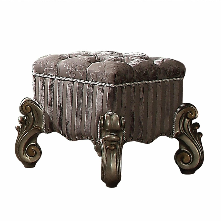 Bedroom ACME | Versailles Fabric & Antique Platinum Vanity Stool