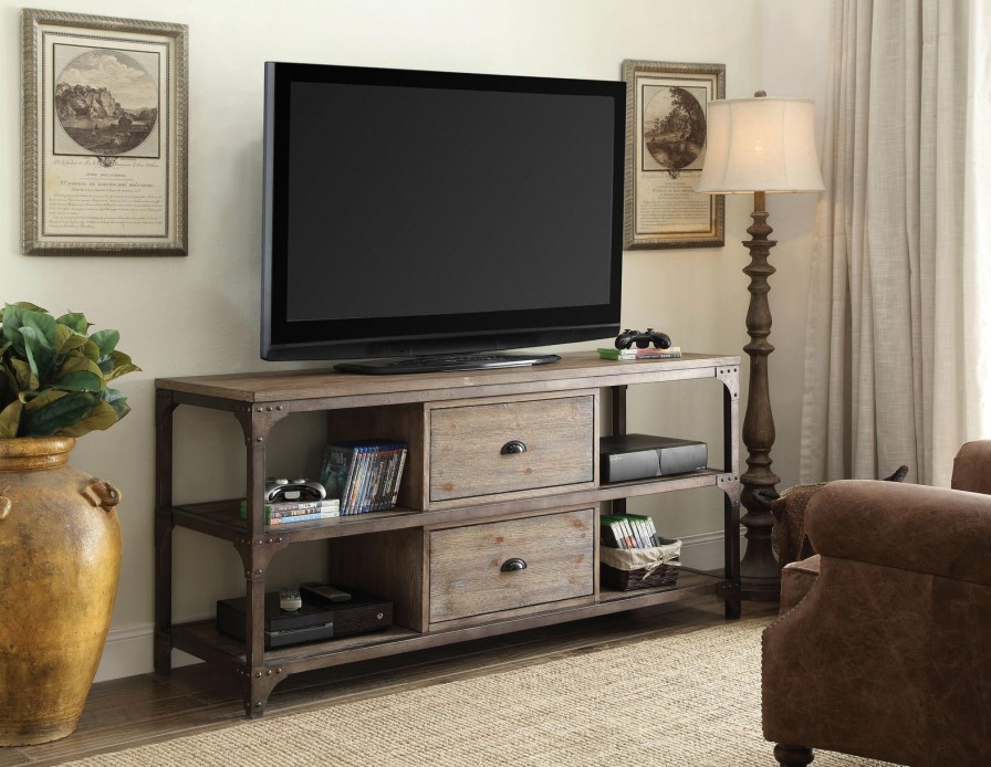 Entertainment ACME | Gorden Weathered Oak & Antique Silver Tv Stand