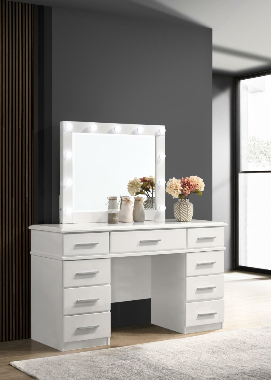 Bedroom Coaster Z2 Premium | Felicity 9 Drawer Vanity Desk With Lighted Mirror Glossy White