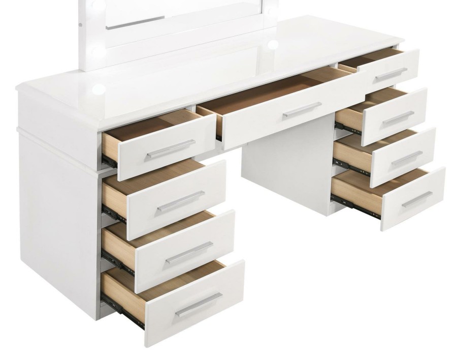 Bedroom Coaster Z2 Premium | Felicity 9 Drawer Vanity Desk With Lighted Mirror Glossy White