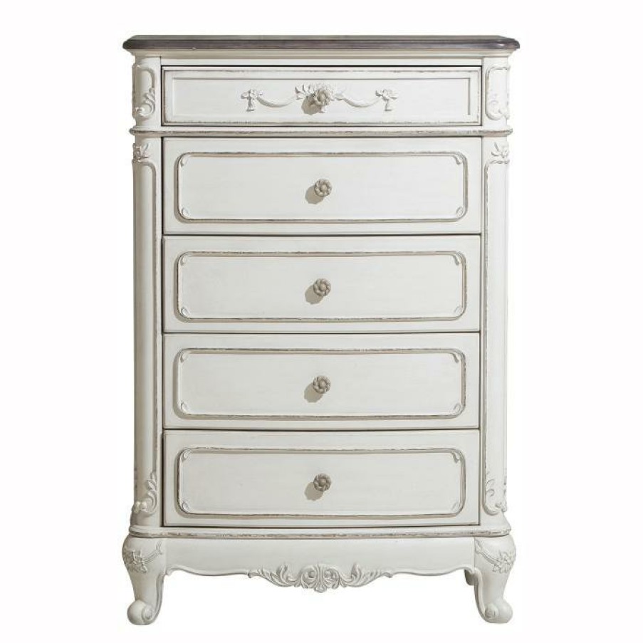 Bedroom Homelegance (Homerica East) | Homelegance Cinderella 5 Drawer Chest In Antique White With Grey Rub-Through