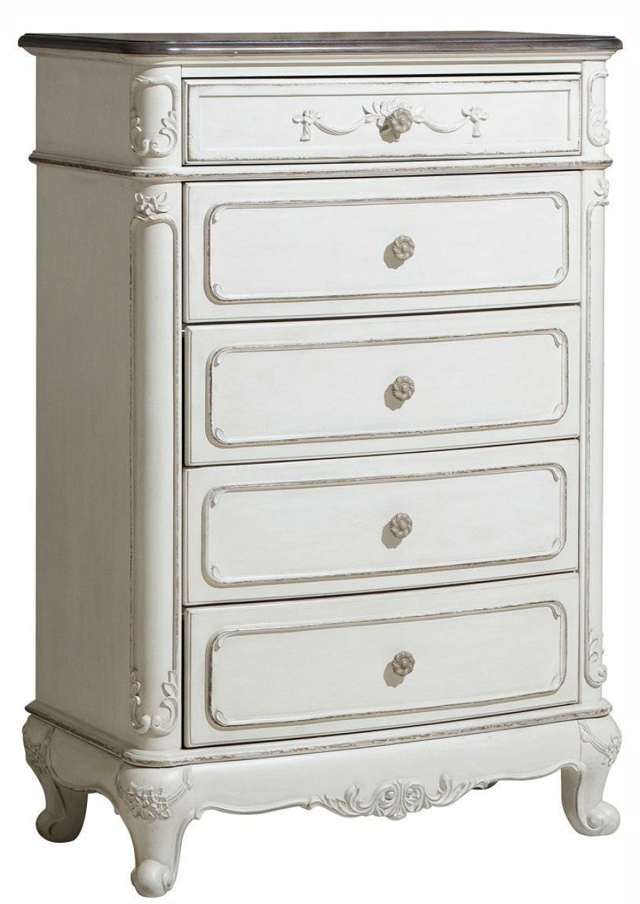 Bedroom Homelegance (Homerica East) | Homelegance Cinderella 5 Drawer Chest In Antique White With Grey Rub-Through