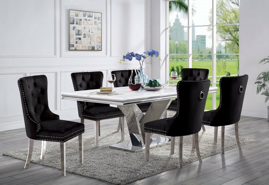 Dining Room FOA East | Valdevers 7 Pc. Dining Table Set, Black Chairs