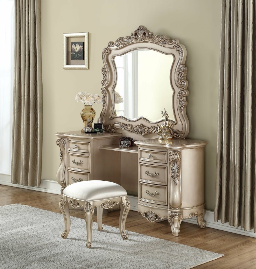 Bedroom ACME | Gorsedd Fabric & Antique White Vanity Stool