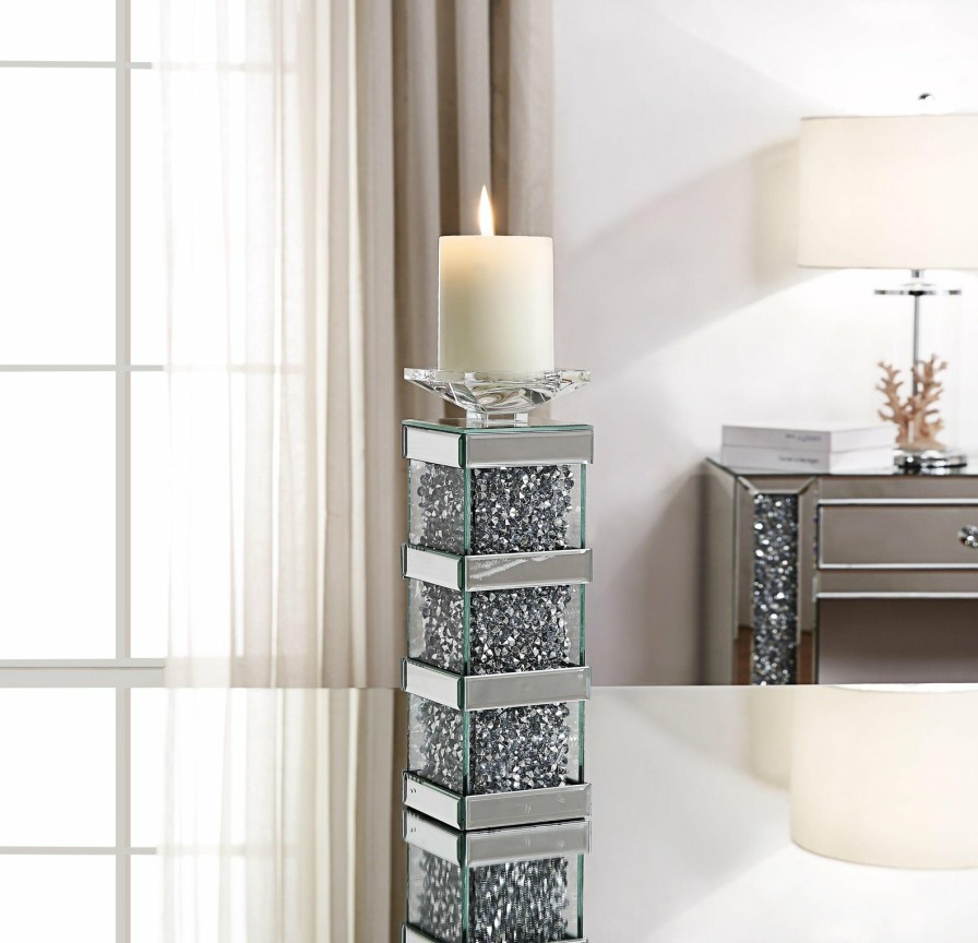 Accessories ACME | Noralie Mirrored & Faux Diamonds Accent Candleholder