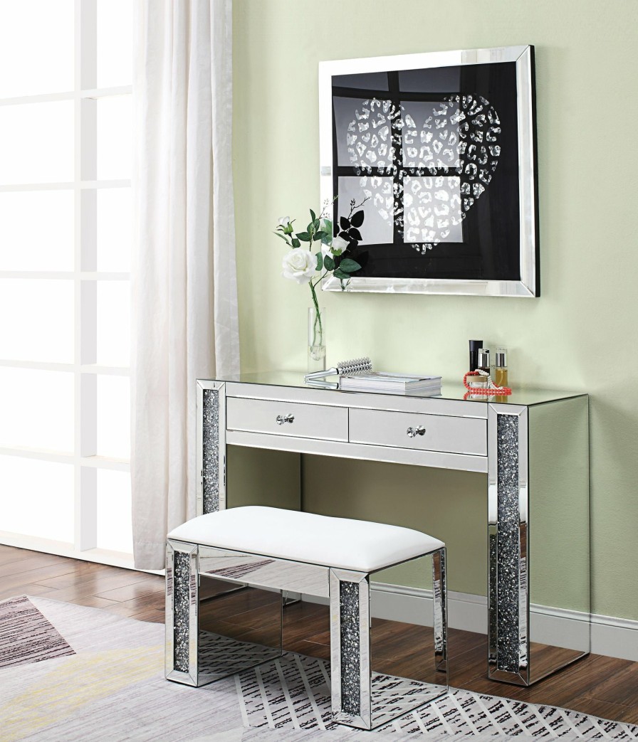 Bedroom ACME | Noralie Pu, Mirrored & Faux Diamonds Vanity Stool