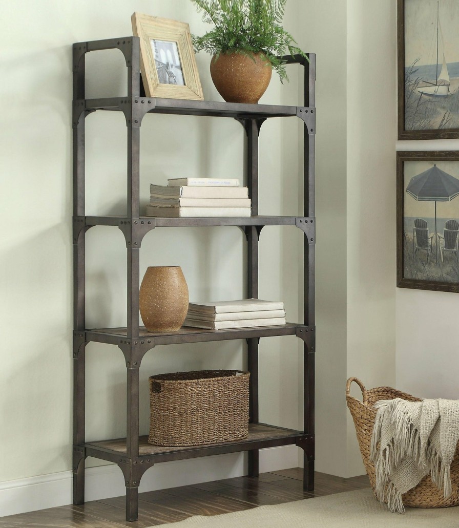 Home Office ACME | Gorden Weathered Oak & Antique Silver Bookshelf