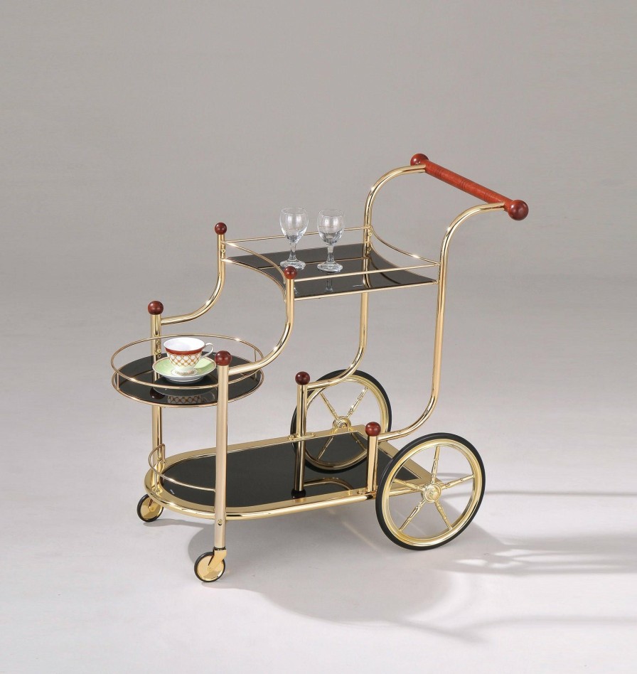 Dining Room ACME | Lacy Gold Plated & Black Glass Serving Cart