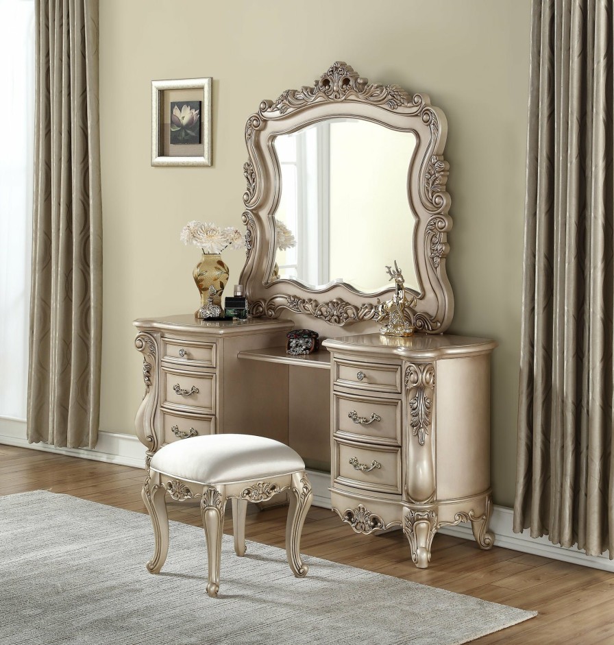 Bedroom ACME | Gorsedd Antique White Vanity Desk & Mirror