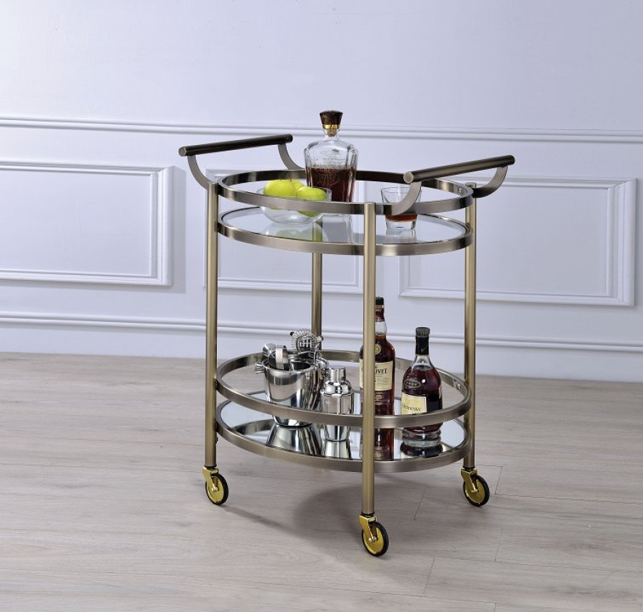 Dining Room ACME East | Lakelyn Brushed Bronze & Clear Glass Serving Cart